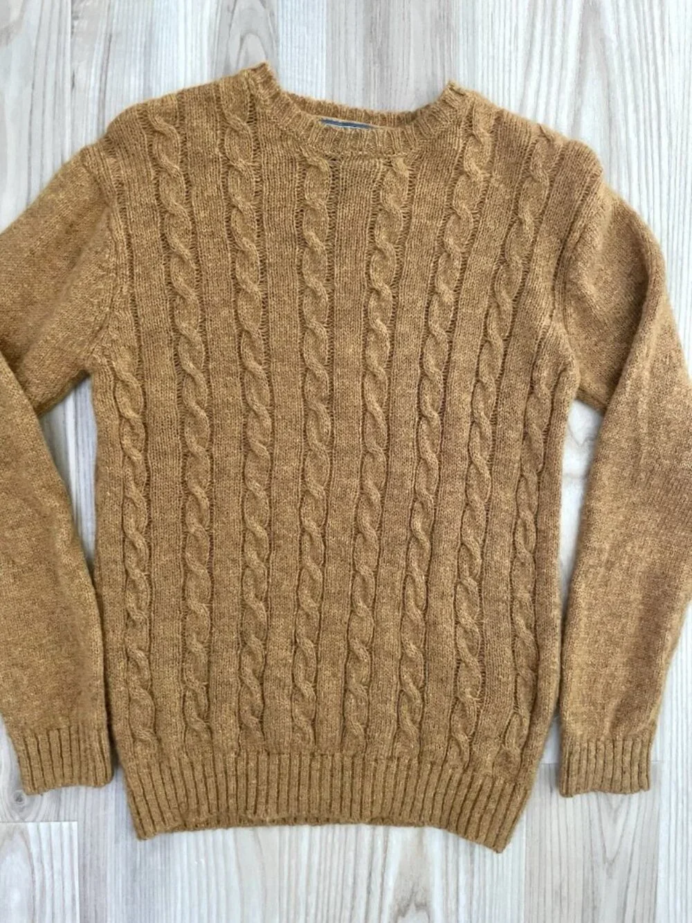 Line Of Trade 100% Shetland Wool Cable-Knit Pullover Sweater Golden Brown Small